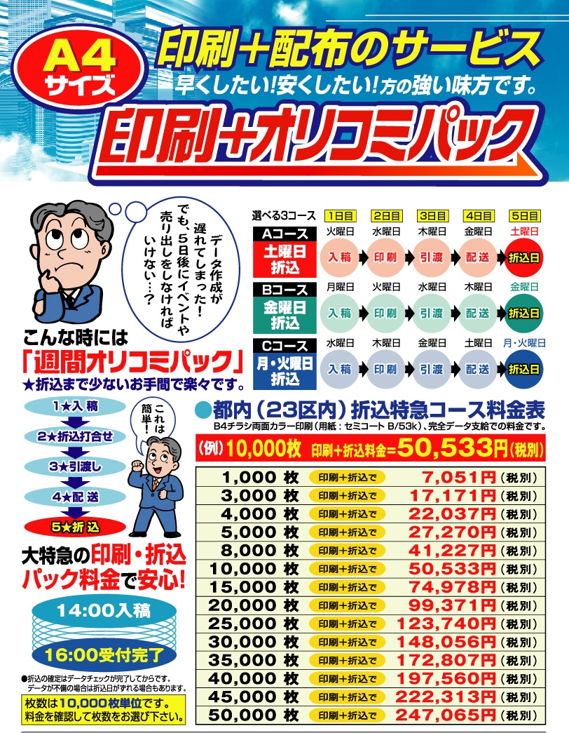A4専門東京地区の折込チラシ印刷＿オーロラ印刷が大特急の折込チラシ